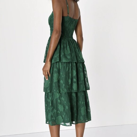 NWT Lulus Grace and Beauty Emerald Green Burnout Floral Print Tiered Dress (Sm) - Picture 5 of 5